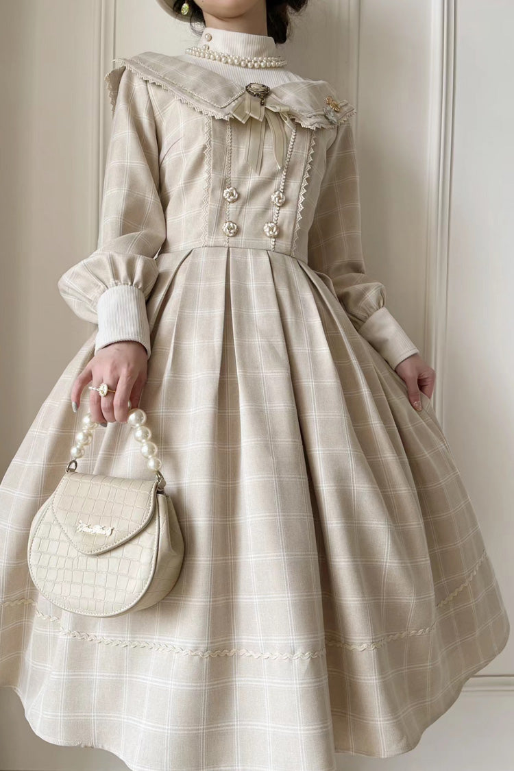 Apricot Fontainebleau Long Sleeves Plaid Print Bowknot Elegant Sweet Lolita Dress