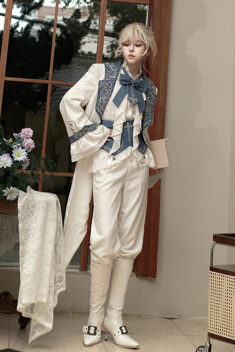White Moonlit Paladin Prince Ruffle Embroidery Bowknot Classic Prince Handsome Ouji Lolita Set
