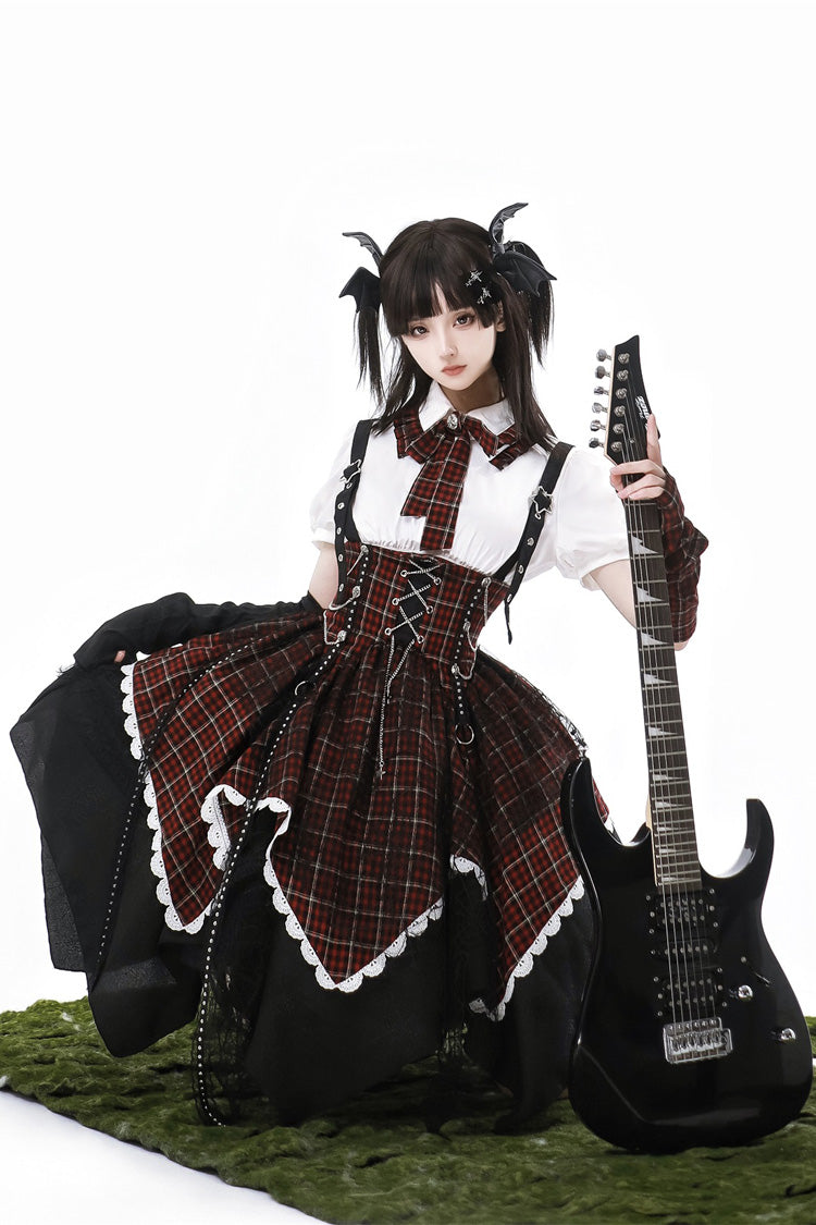 Black/Red Soul Mantra Plaid Print Irregular Sweet Lolita Strap Dress