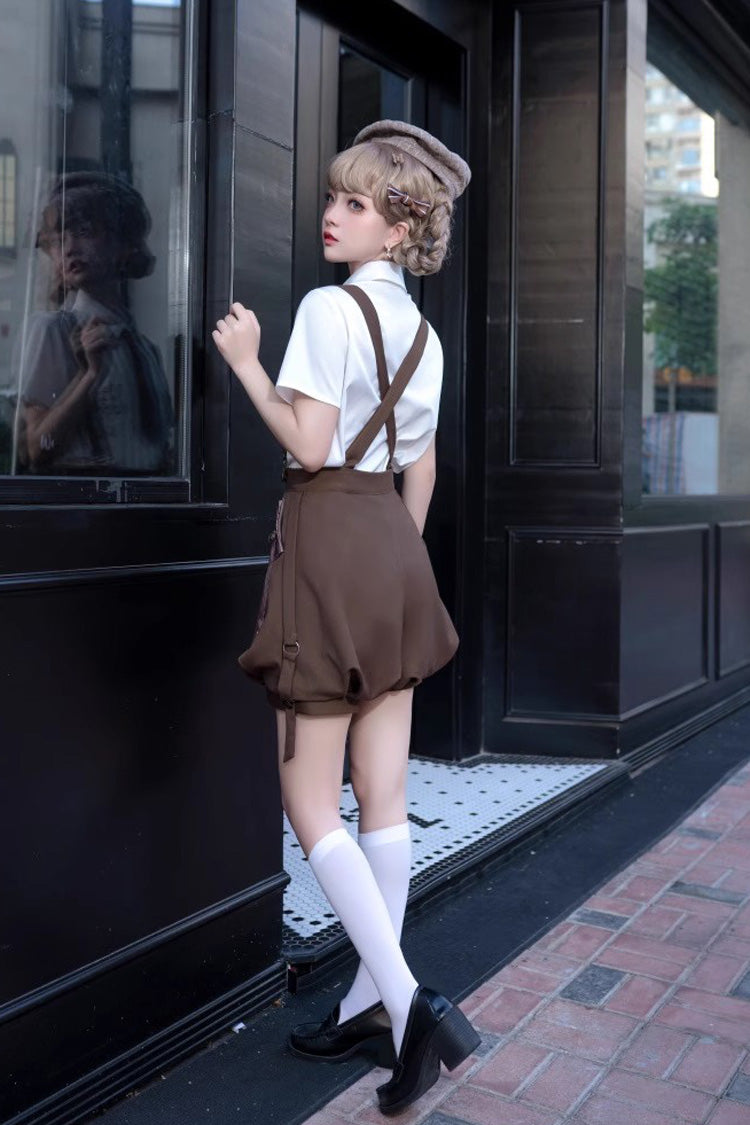 Brown Bunny Detective Short Sleeves Prince Ouji Lolita Shorts and Blouse Set