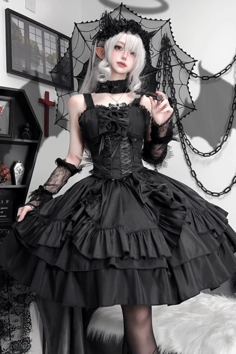 Black Butterfly Officer Triple-Layered Ruffle Bowknot Lace-Up Gothic Lolita Skirt Set