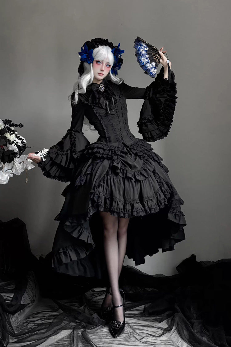 Black Immortal Phoenix Long Hime Sleeves Multi-Layered Ruffled Bow Lace-Up Gothic Lolita Skirt Dress Set