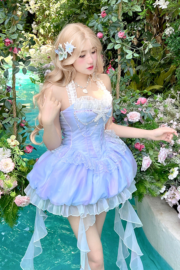 Blue Starlight Jellyfish Princess Halterneck Sleeveless Ruffle Lace Sweet Lolita Jsk Dress
