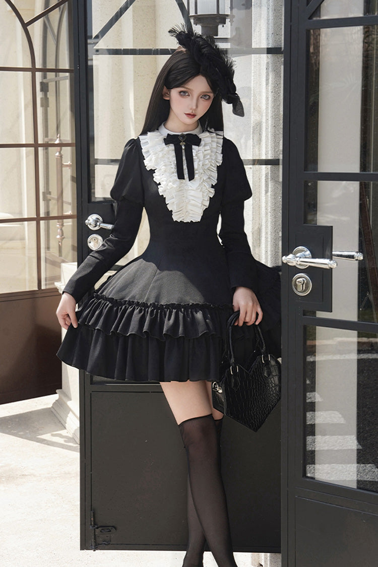 Black Miss Weir Stand Collar Long Sleeves Double-Layered Ruffle Gothic Lolita Dress