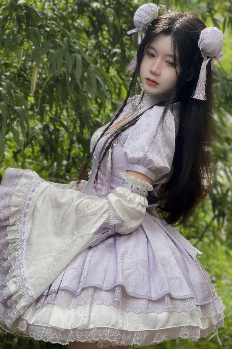 Chinese Style Short Sleeves Print Ruffle Hollow Bowknot Lace Asymmetric Sweet Vintage Lolita Dress 4 Colors