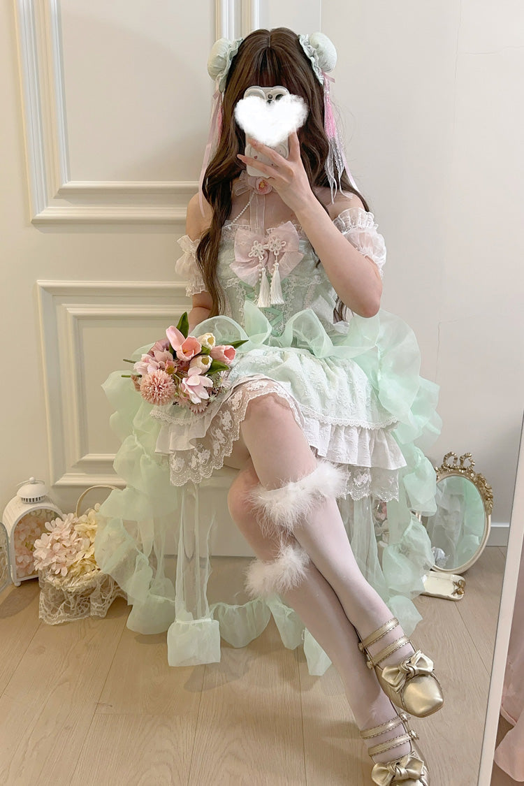 Green Rain and Flowers Halterneck Jacquard Ruffle Bowknot Lace Sweet Lolita Jsk Dress