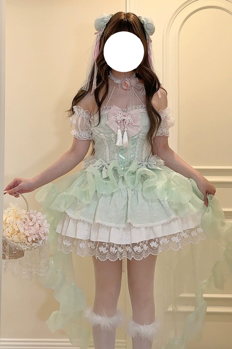 Green Rain and Flowers Halterneck Jacquard Ruffle Bowknot Lace Sweet Lolita Jsk Dress