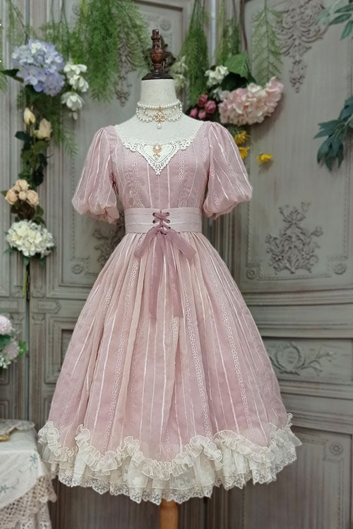 Pink Elegant Vintage Square Collar Short Sleeves Multi-Layer Ruffled Classic Lolita OP Dress