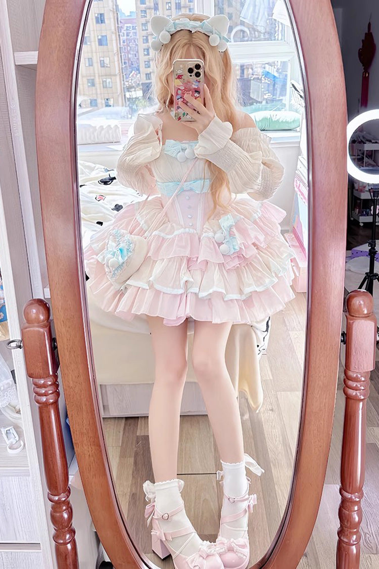 Pink Multi-layer Ruffle Bowknot Sweet Princess Lolita Tiered Dress