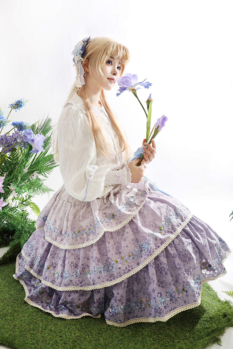 Purple Moonlight Iris Triple-Layered Print Ruffle Embroidery Lace Sweet Lolita Skirt