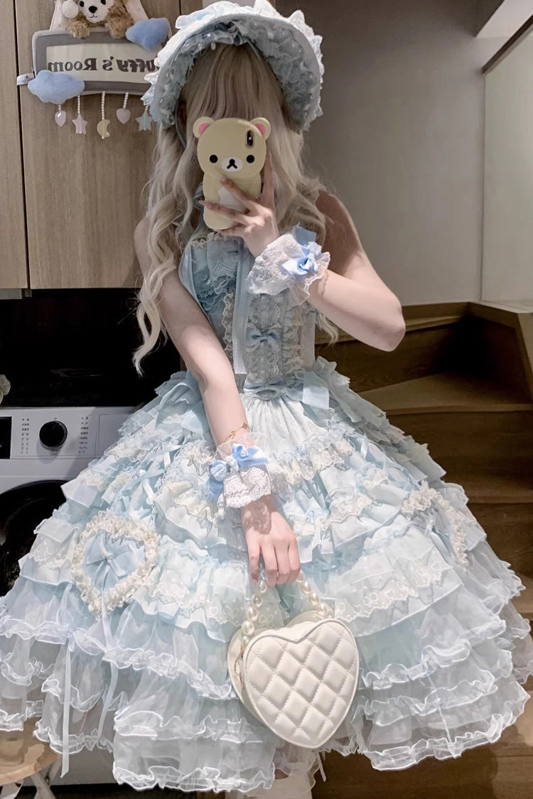 Blue Sweetheart Diary Multi-Layered Ruffle Hanayome Embroidery Bowknot Lace Sweet Lolita Jsk Dress