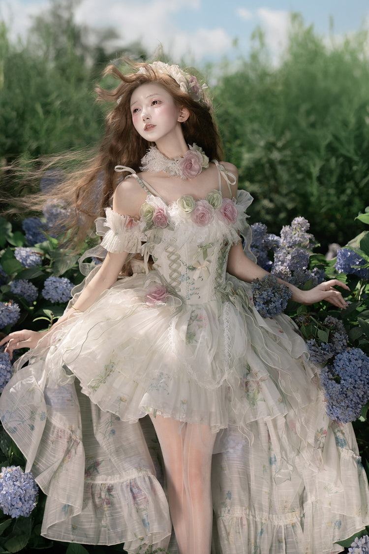 Green Spring Rose Sleeveless Multi-Layered Bowknot Lace-Up Fishbone Sweet Lolita Jsk Dress