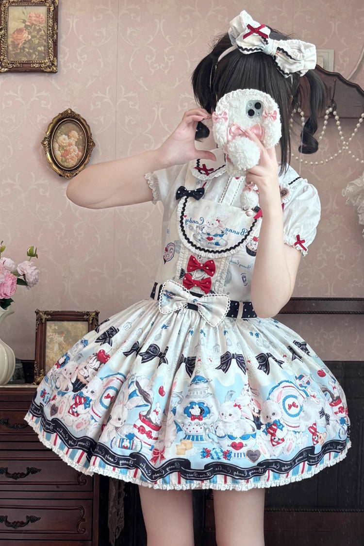 Beige Mystery Rabbit Tea Party Sleeveless Print Bowknot Lace Sweet Lolita Strap Dress