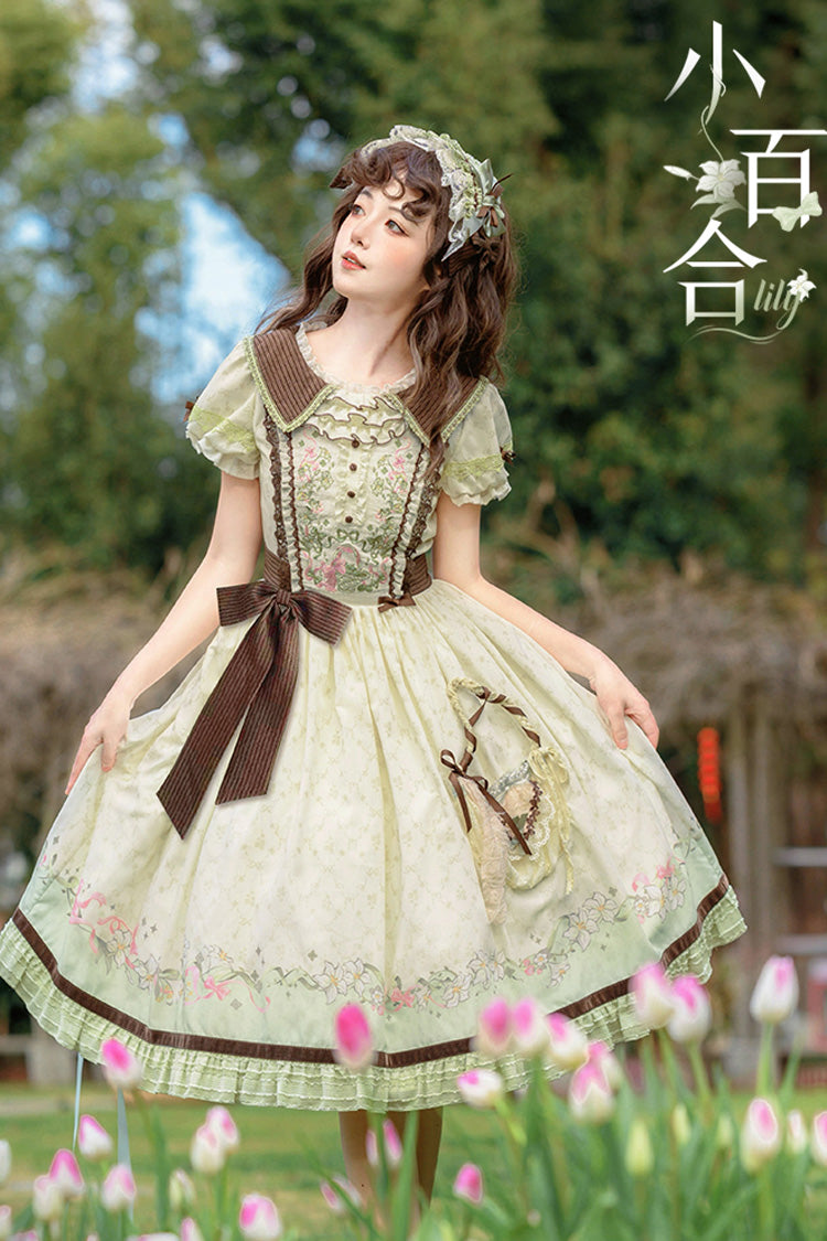 Green/Ivory Lily Short Sleeves Print Ruffle Embroidery Bowknot Lace Sweet Elegant Lolita Dress