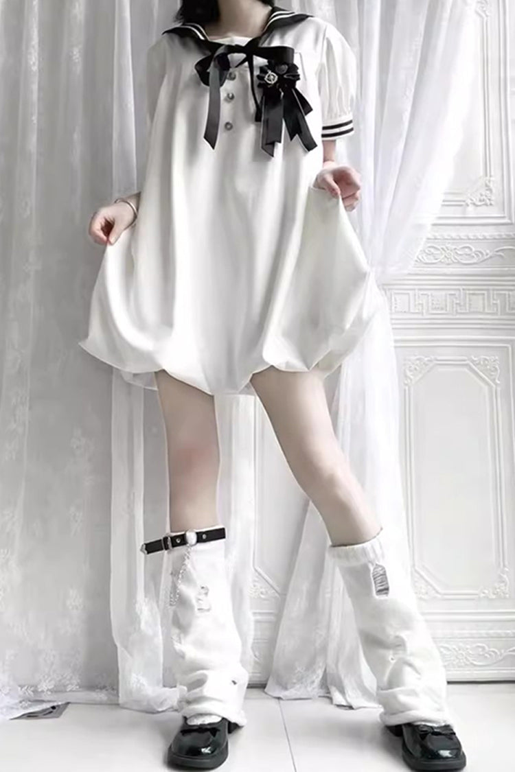 Black/White Old Stories Navy Collar Short Sleeves Bowknot Sweet Lolita Dress