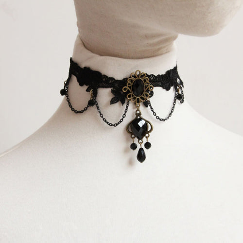 Black Vintage Lace Gem Pendant Decoration Gothic Lolita Necklace