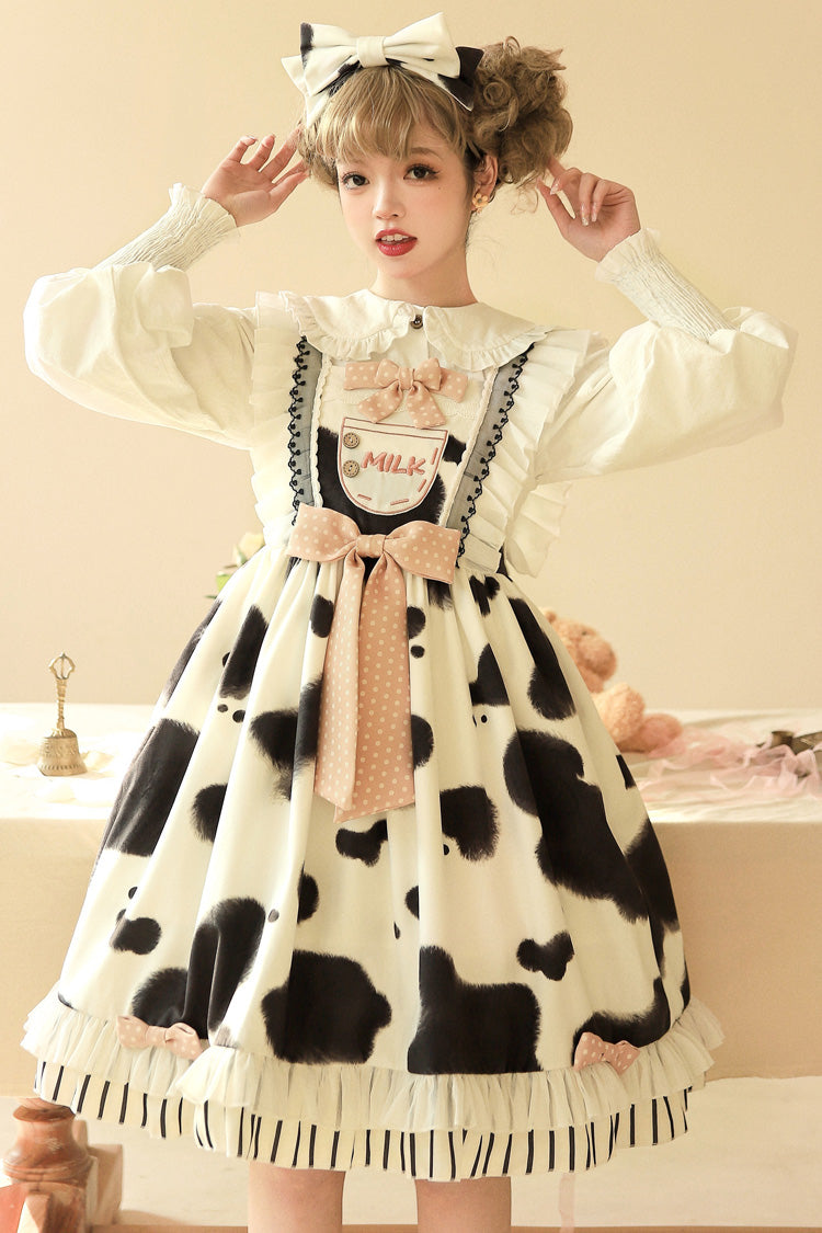 Milk Cow Print Ruffle Bowknot Sweet Lolita Jsk Dress 5 Colors