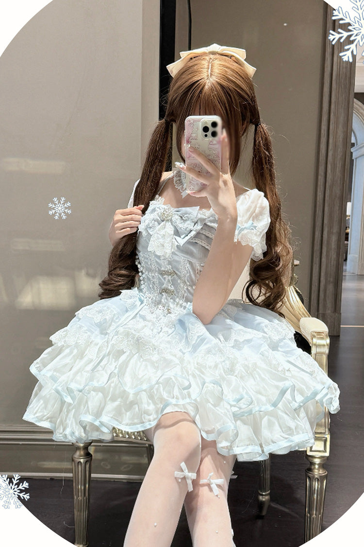 White/Blue Ice Dance Short Sleeves Multi-Layered Ruffle Embroidery Bowknot Lace Sweet Lolita Dress