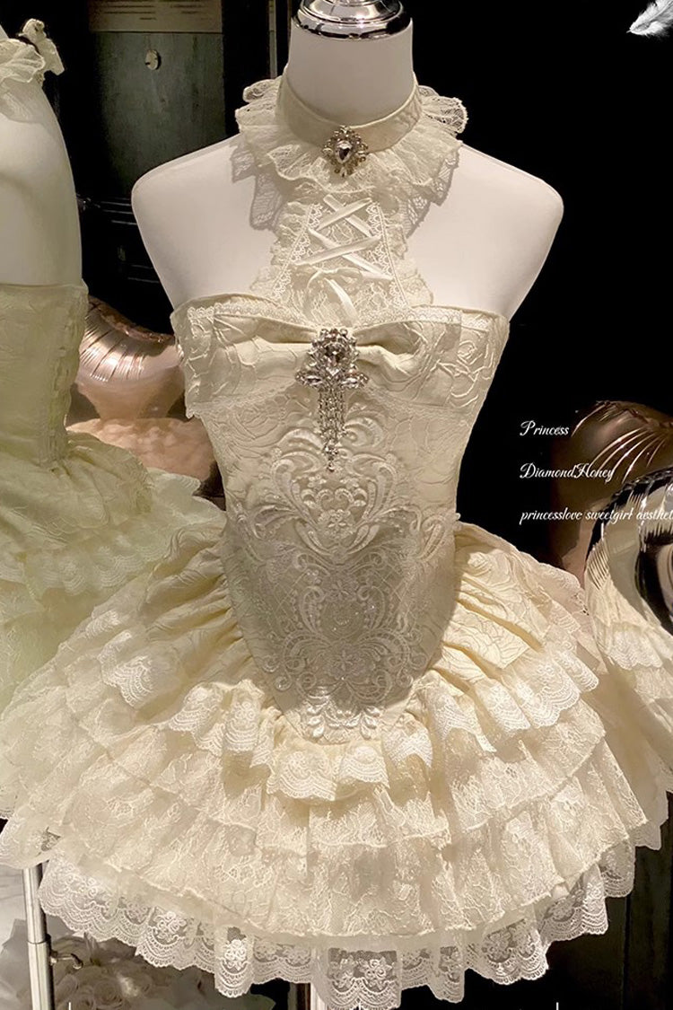 Ivory Eternal Temple Halterneck Ruffle Bowknot Lace Sweet Princess Lolita Dress
