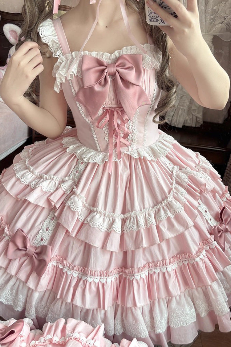 Pink Sleeveless Multi-Layered Ruffle Bowknot Lace-Up Sweet Lolita Tiered Dress