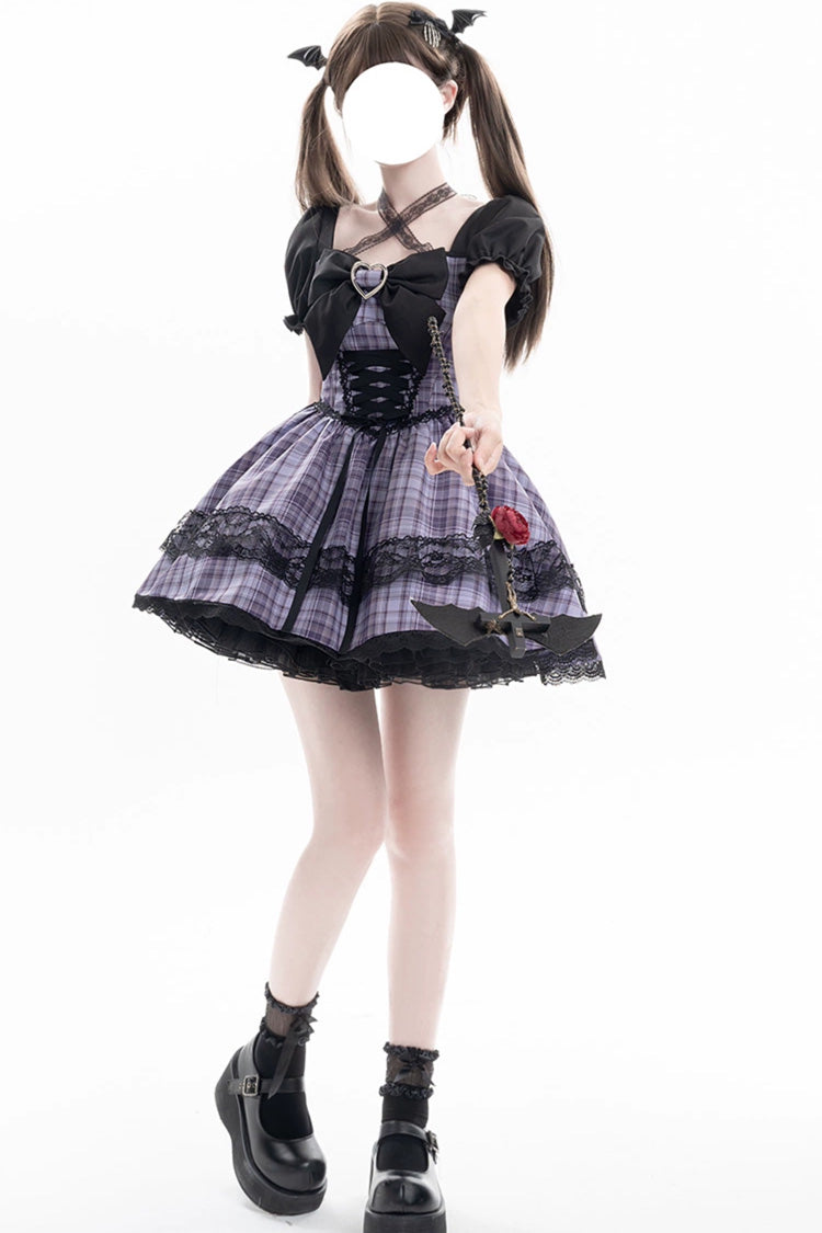 Purple Witch Time Short Puff Sleeves Plaid Print Bowknot Lace Sweet Lolita Dress