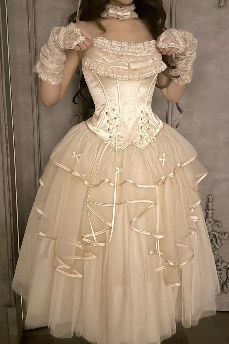 Ivory The Summer Waves Sparkle Square Collar Sleeveless Multi-Layered Ruffled Bow Lace-Up Slim Sweet Lolita Skirt Set