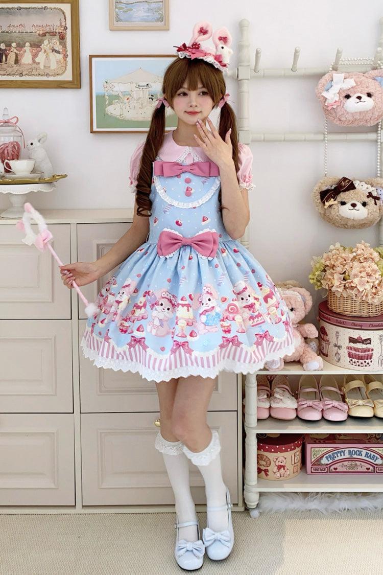 Blue/Pink Cupid Bunny Printed Sleeveless Bow Sweet Princess Lolita Strap Dress