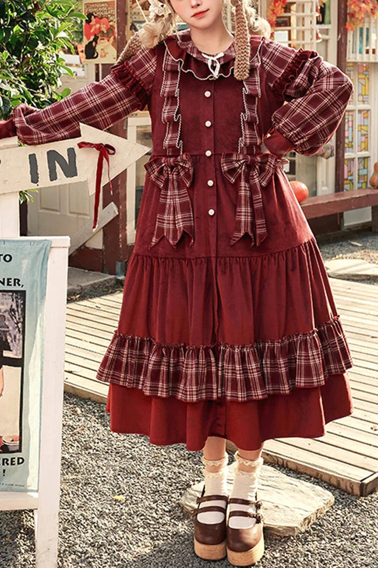 Red Velvet Plaid Print Bowknot Christmas Sweet Lolita Dress