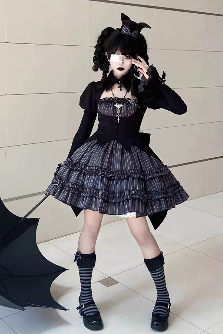 Black Duke of the Trap Rabbit Long Sleeves Stripe Print Ruffle Bowknot Lace Gothic Lolita Dress