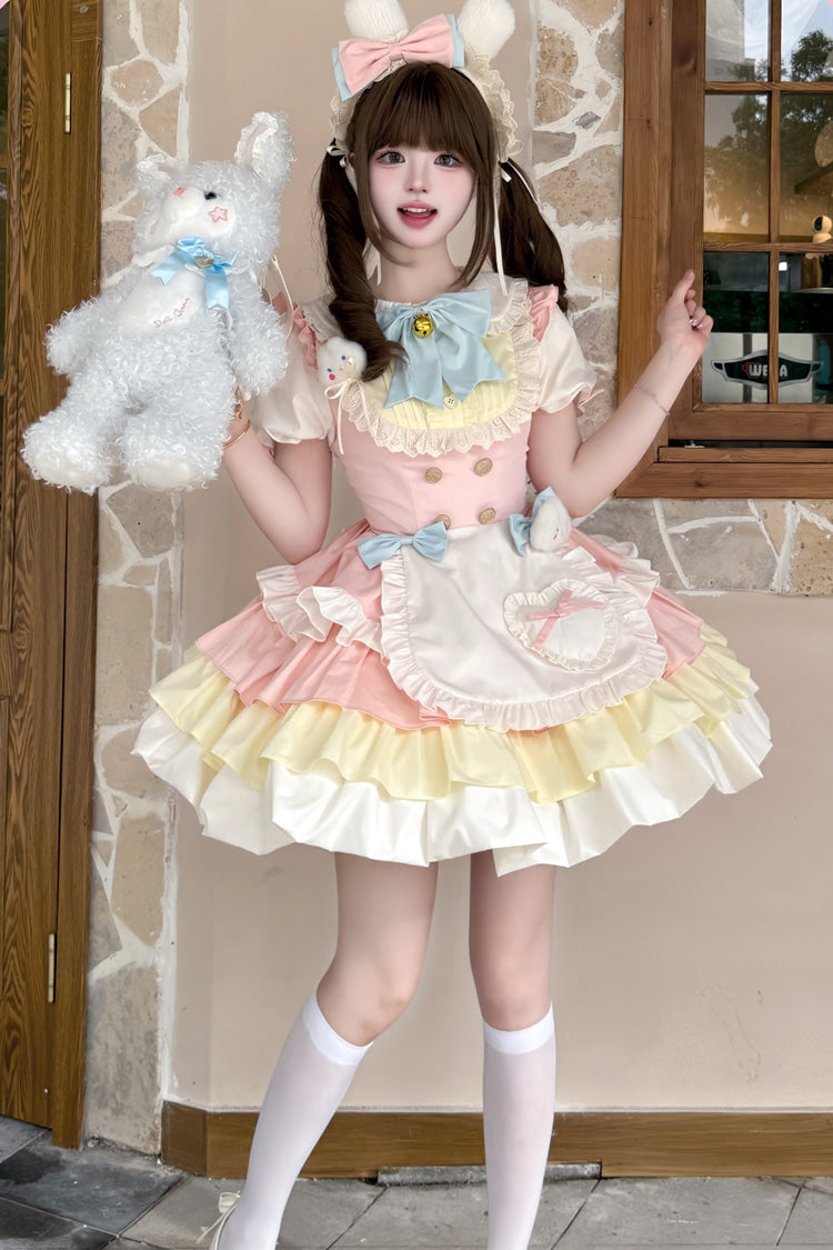 Yellow/Pink Cream Puffs Short Puff Sleeves Triple-Layered Ruffle Bowknot Sweet Lolita Dress