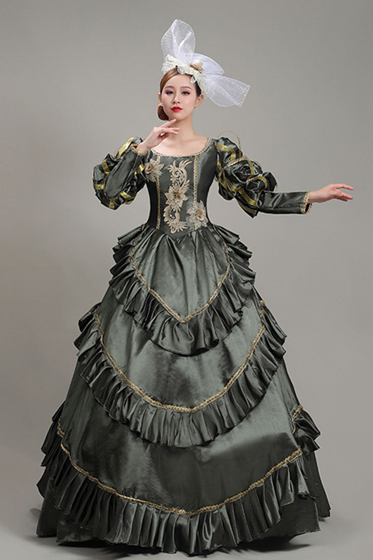 Dark Gray Court Style High Waisted Long Sleeves Floral Print Multi-Layer Victorian Lolita Prom Dress