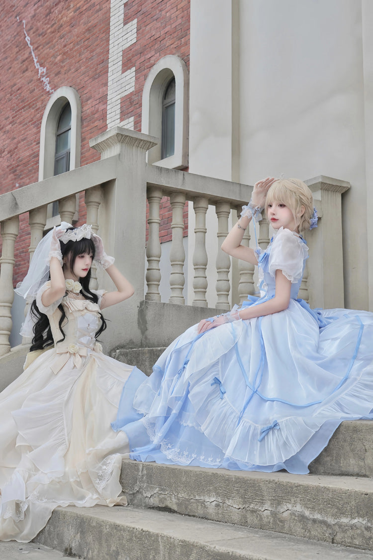 Sweet Short Puff Sleeves Ruffle Hanayome Cardigan Bowknot Princess Gorgeous Lolita Dress 2 Colors