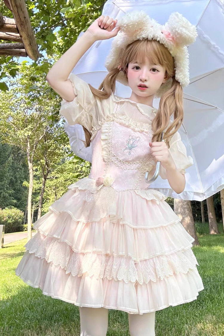 Good Night, Tulip Sleeveless Multi-Layered Ruffled Embroidered Lace Sweet Ballet Lolita Jsk Dress 2 Colors