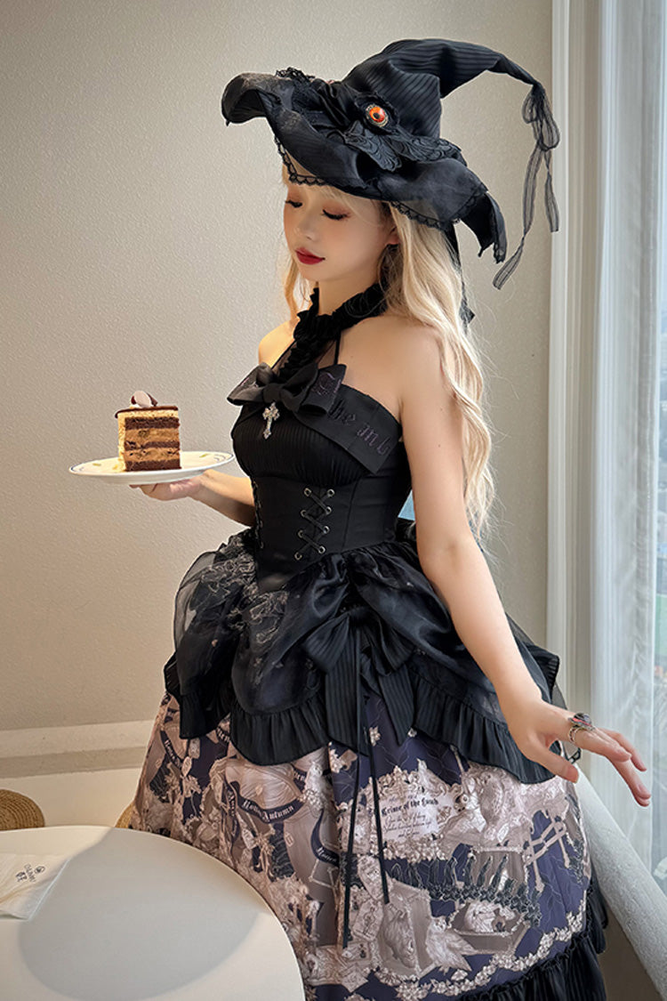 Black The Mystery of The Doll Halterneck Print Ruffle Bowknot Drawstring Gothic Lolita Dress