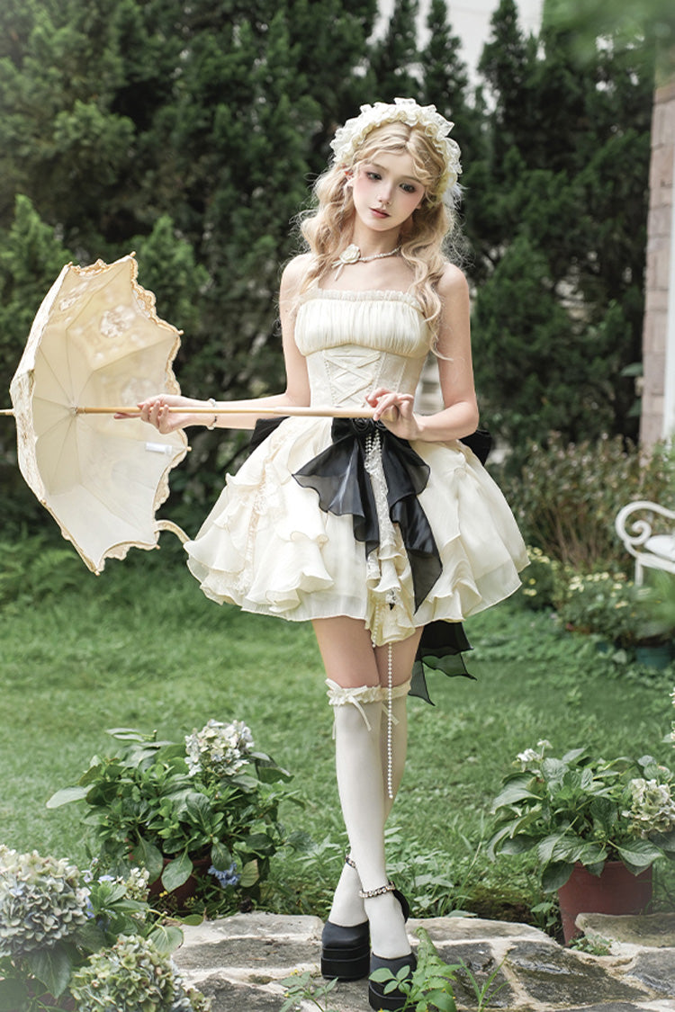 Ivory Moonlight Variations Sleeveless Ruffle Lace-Up Sweet Lolita Jsk Short Dress