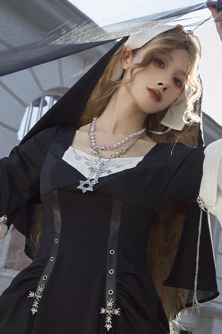 Black Halloween Night Temple Nun Short Sleeves Print Ruffle Gothic Elegant Lolita Dress
