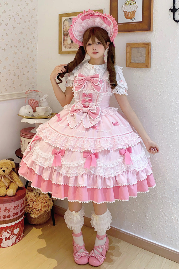 Pink Fondant Cake Sleeveless Multi-Layered Ruffle Bowknot Lace Sweet Lolita Jsk Dress