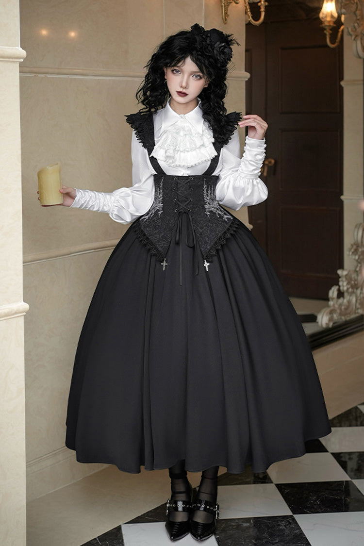 Black Night of Thorns Sleeveless Embroidery Lace-Up Gothic Lolita Strap Breast Support Dress 2 Versions