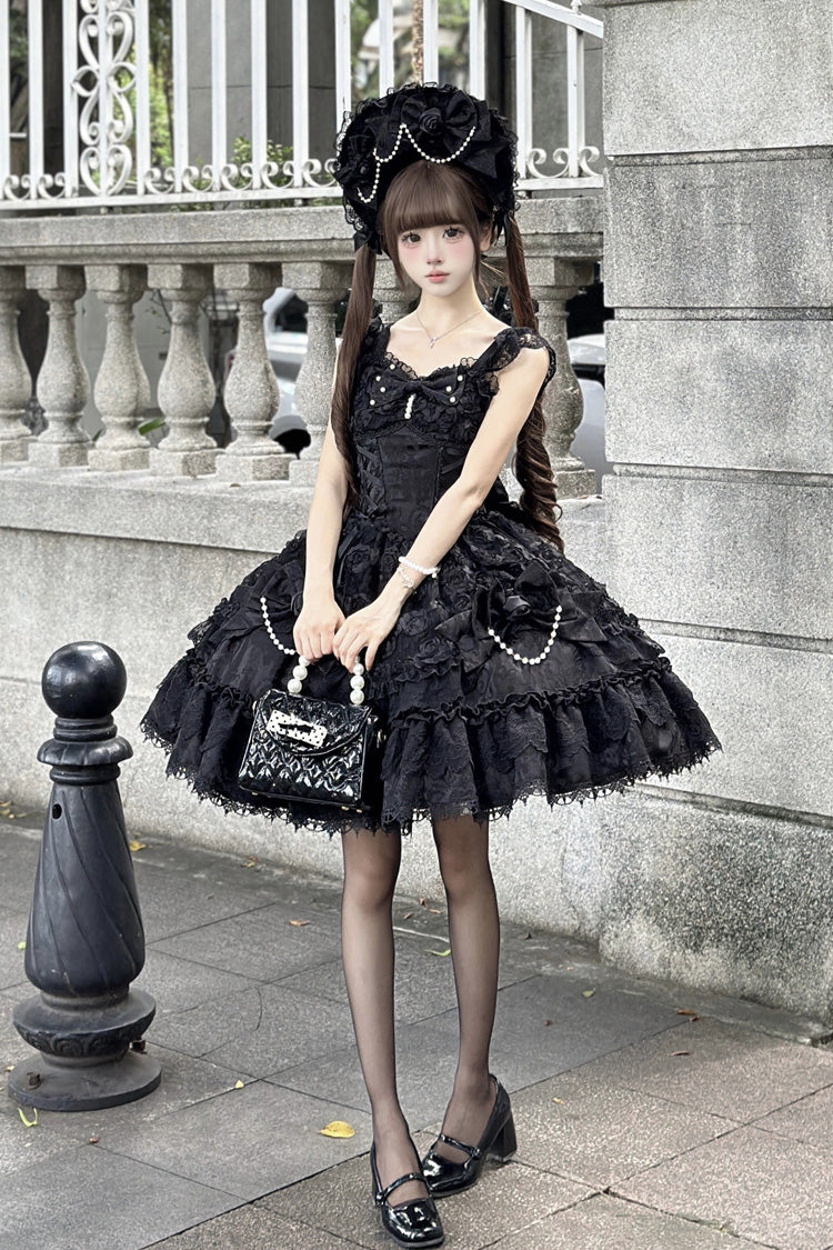 Black Rose Princess Sleeveless Ruffle Bowknot Lace Lace-Up Gothic Ballet Lolita Jsk Dress