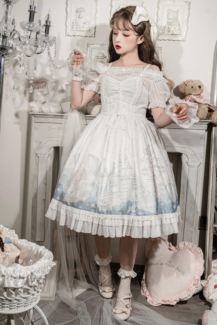 White Ruffle Short Sleeves Whale Paradise Print Sweet Lolita Dress Set