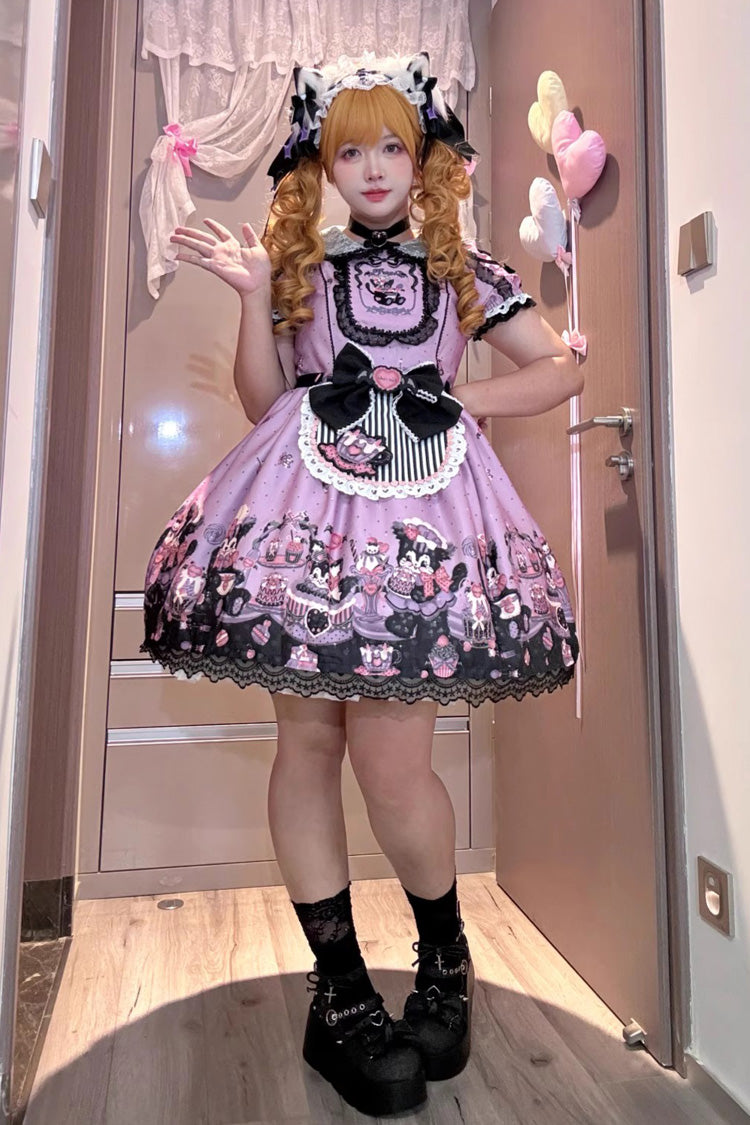 Purple Devil Cat Print Short Sleeves Ruffle Bowknot Lace Gothic Lolita OP Dress (Plus Size Support)