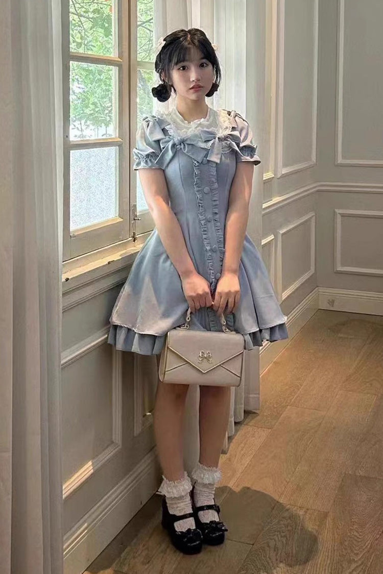 Light Blue Annie's Gift Short Sleeves Bowknot Short Version Sweet Lolita Dress (Plus Size Support)