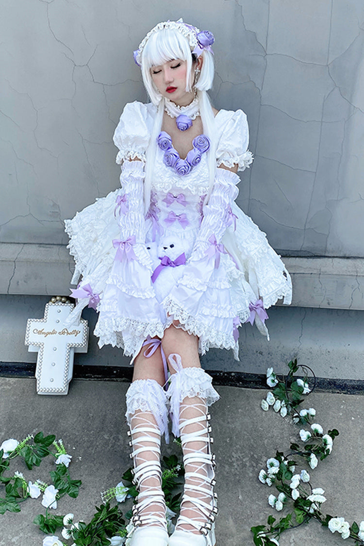 White/Purple Puff Short Sleeves Princess Gothic Lolita Tiered Dress