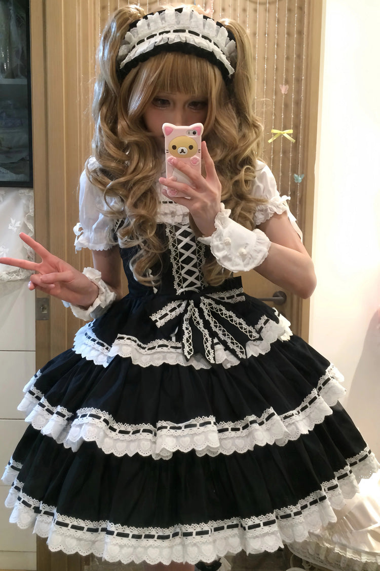 Black Maiden Heart Triple-Layered Ruffle Bowknot Lace Sweet Lolita Jsk Dress