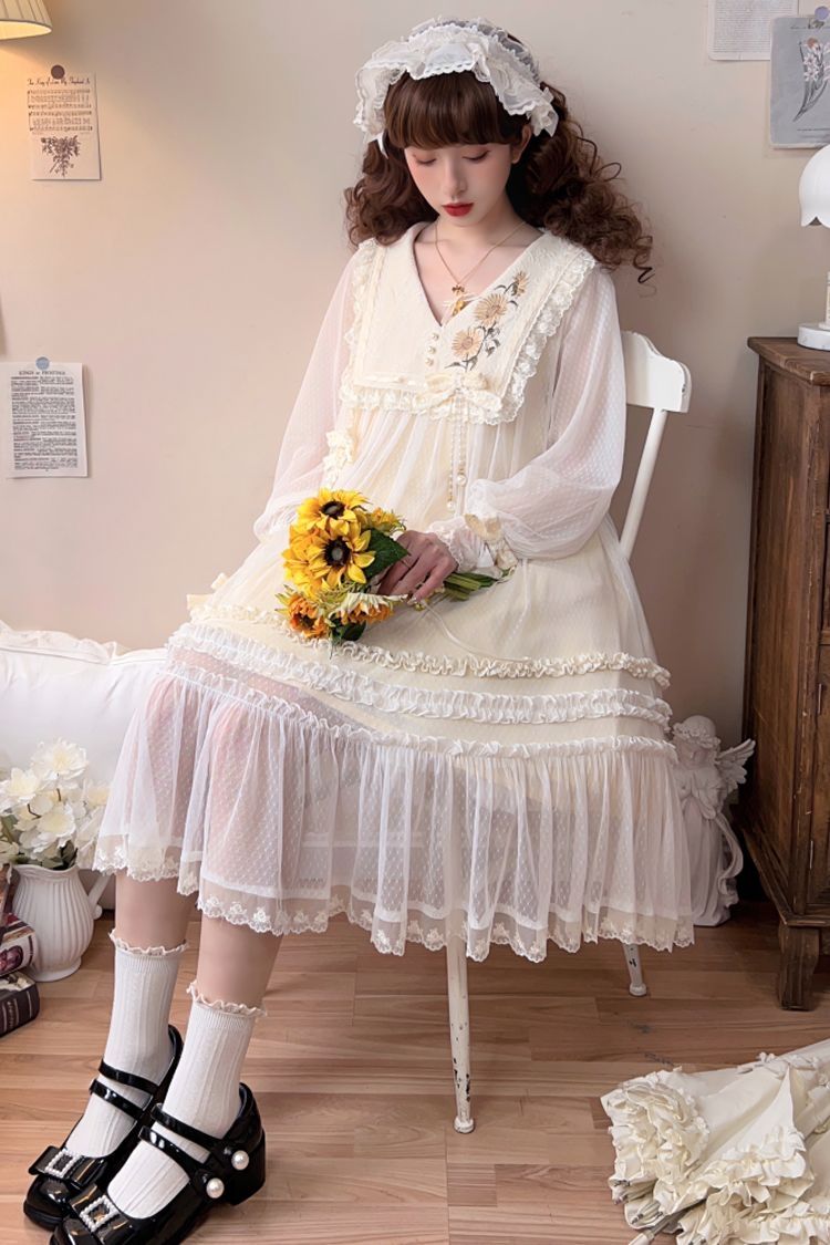 Ivory Sunflower Diary Long Sleeves Ruffle Embroidery Bowknot Lace Chiffon Sweet Princess Lolita Dress