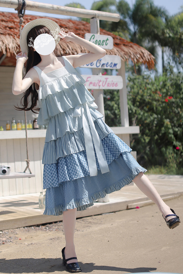 Blue Go To The Beach Multi-Layered Print Ruffle Holiday Sweet Lolita Jsk Dress