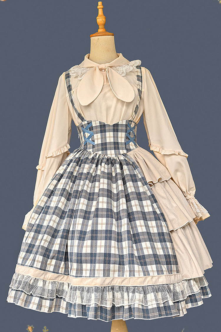 Grey/Blue Morning Tune Sleeveless High Waisted Print Ruffle Asymmetric Sweet Lolita Strap Dress