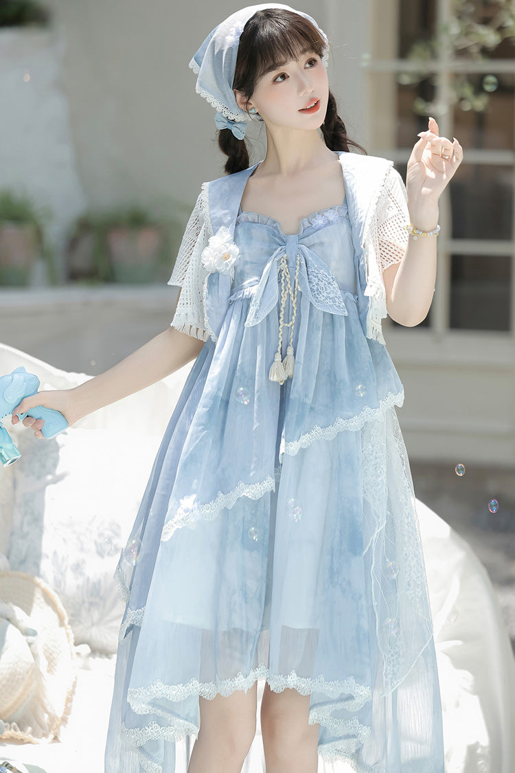 Blue Clouds Resting in the Wilderness Print Ruffle Embroidery Bowknot Lace Irregular Lolita Jsk Dress