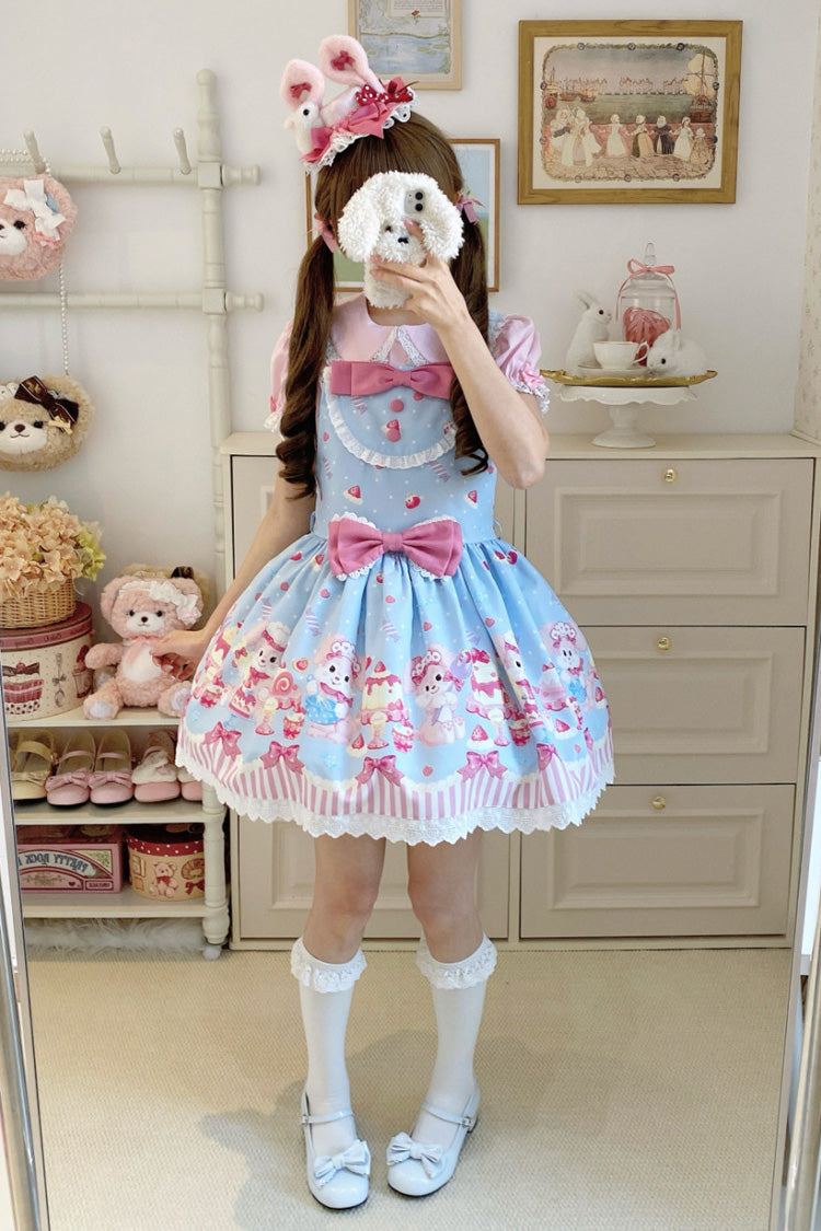 Blue/Pink Cupid Bunny Printed Sleeveless Bow Sweet Princess Lolita Strap Dress