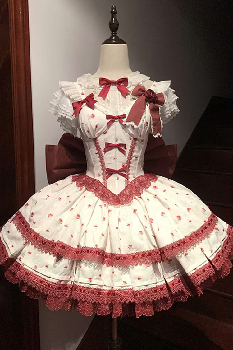 Wine Red First Love Rose Multi-Layered Print Ruffle Bowknot Lace Sweet Lolita Jsk Dress Set